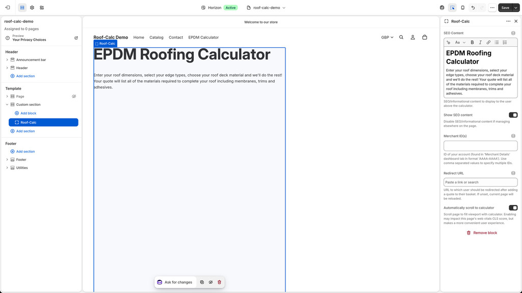 Add Roof-Calc block to section