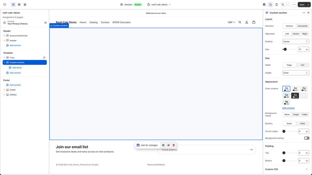 Add custom section to template