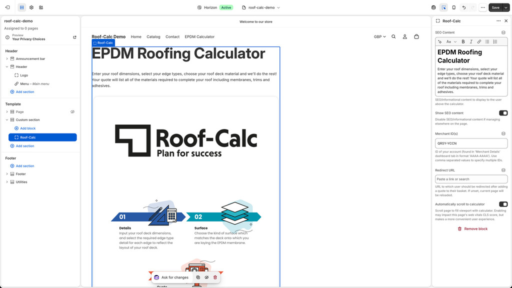 Configure Roof-Calc block